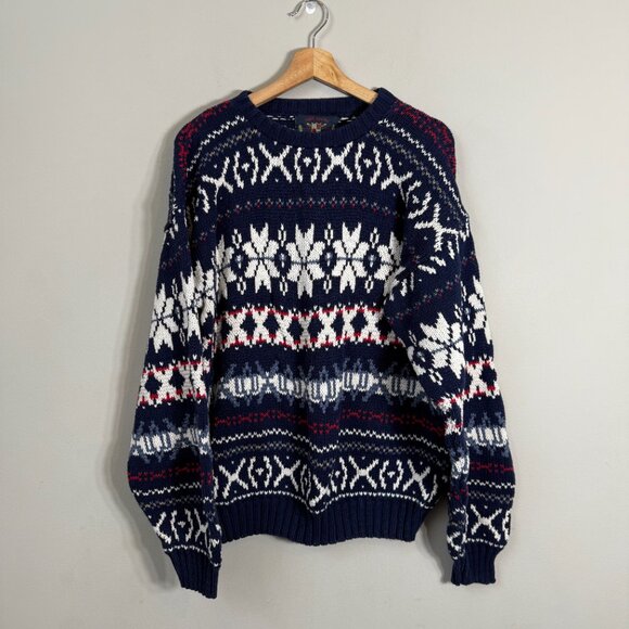Vintage Eclectic Grandpa Fair Isle Snowflake Sweater Pullover Men's Large Blue - Picture 2 of 11